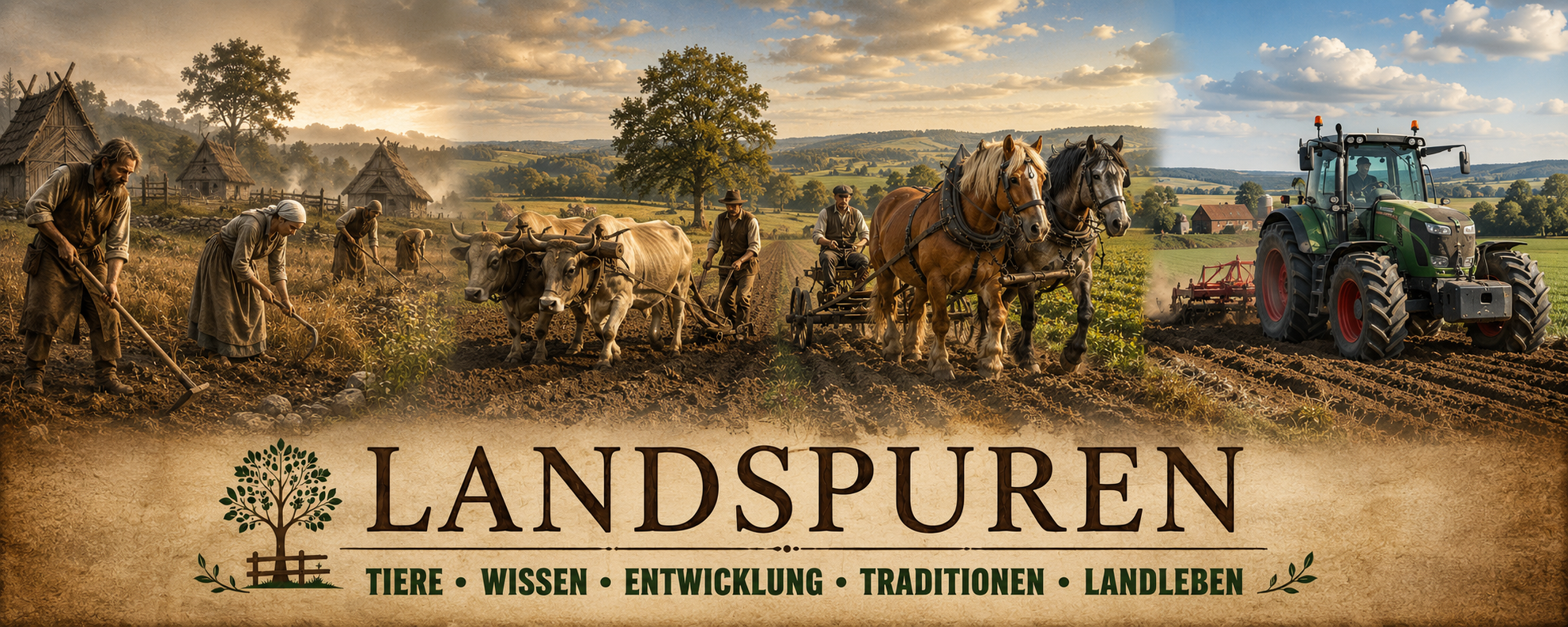 Ländliche Landschaft mit Arbeitspferden und Nutztieren als Sinnbild für Landspuren – traditionelles Landleben, Landwirtschaft und Selbstversorgung.