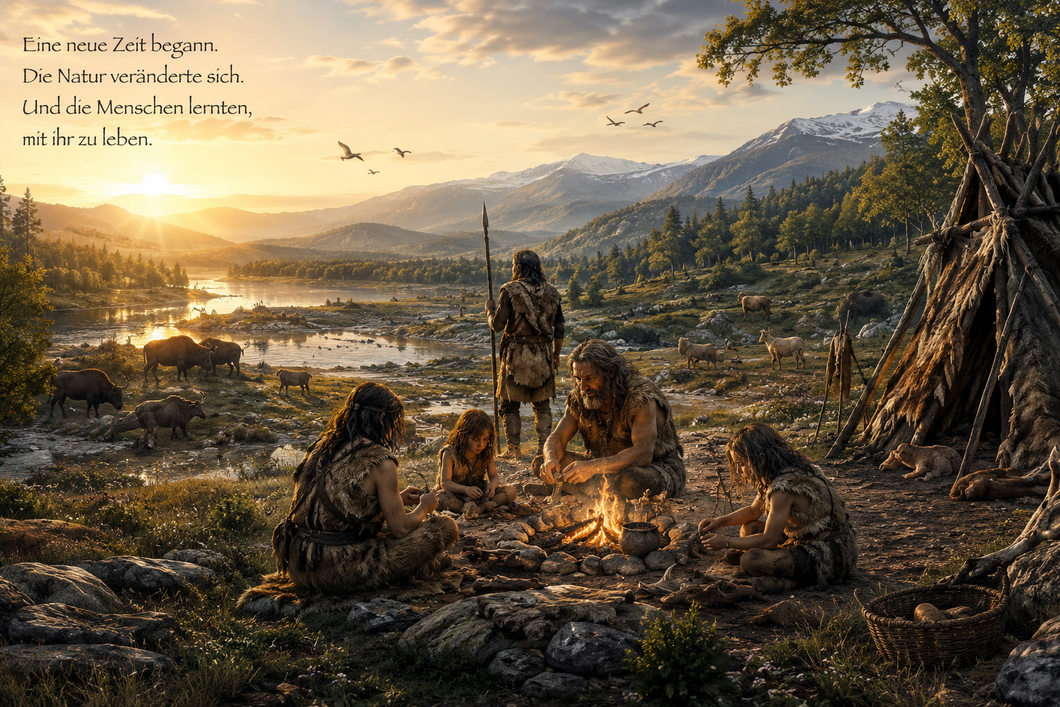 Illustration einer steinzeitlichen Jäger- und Sammlerfamilie an einem Fluss im frühen Holozän mit Lagerplatz, Wald und Wildtieren in Europa.