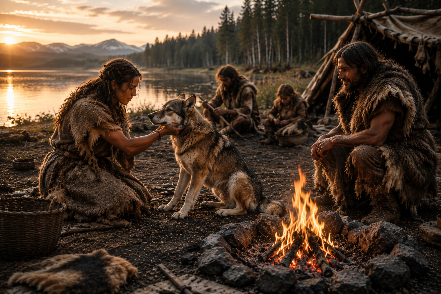 Mesolithische Menschen sitzen an einem Seeufer an einem Lagerfeuer. Im Mittelpunkt steht ein früher wolfähnlicher Hund, den eine Frau ruhig und vertraut berührt. Die Szene zeigt die enge Beziehung zwischen Menschen und frühen Hunden nach der Eiszeit.