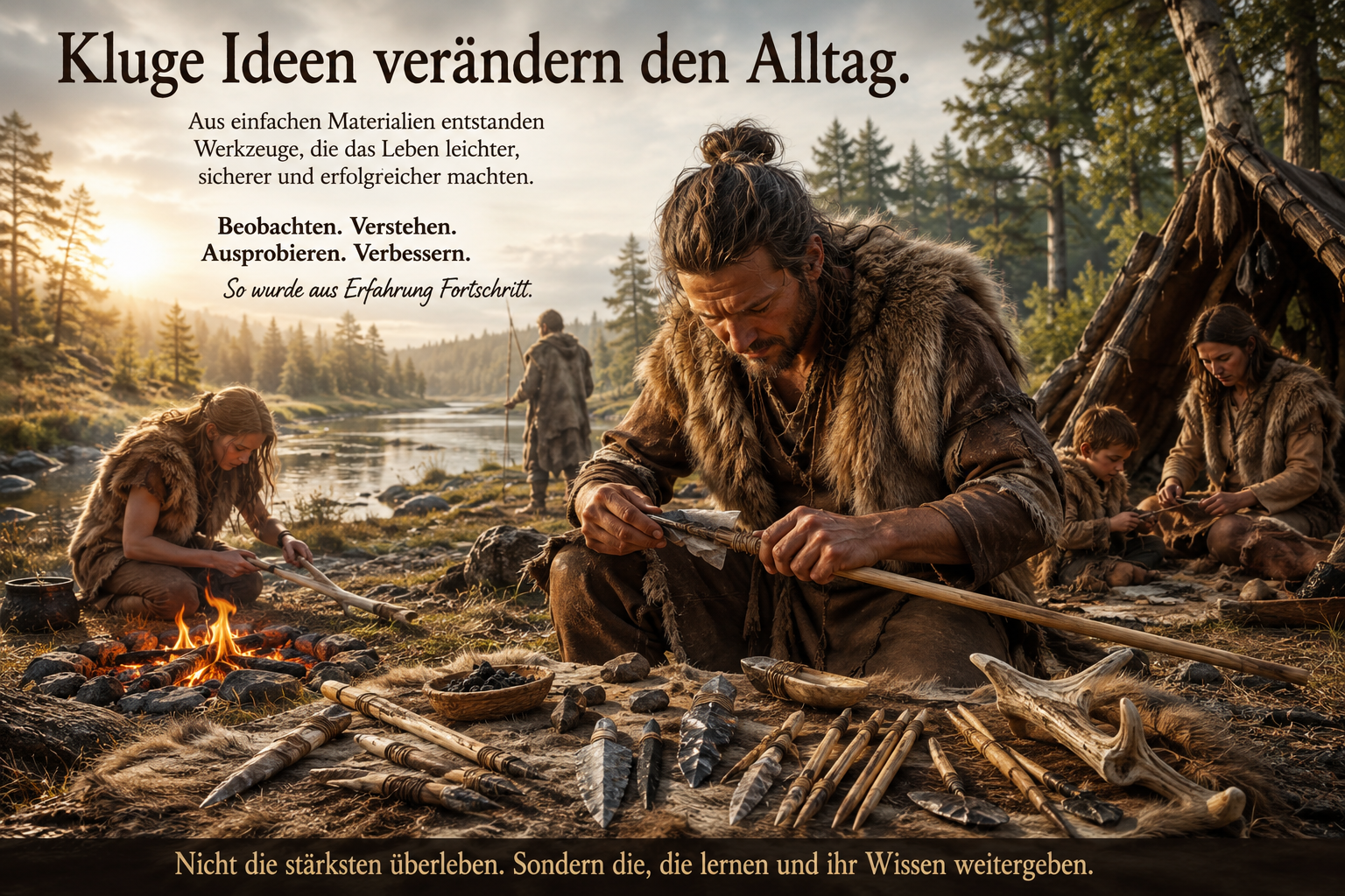 Ein Mann der Mittelsteinzeit befestigt mit Birkenpech eine Feuersteinklinge an einem Holzschaft. Vor ihm liegen fertige Speere, Pfeilspitzen und Werkzeuge aus Stein, Holz und Geweih. Im Hintergrund arbeiten weitere Menschen am Lagerplatz, während ein Feuer brennt und einfache Unterkünfte am Waldrand stehen.