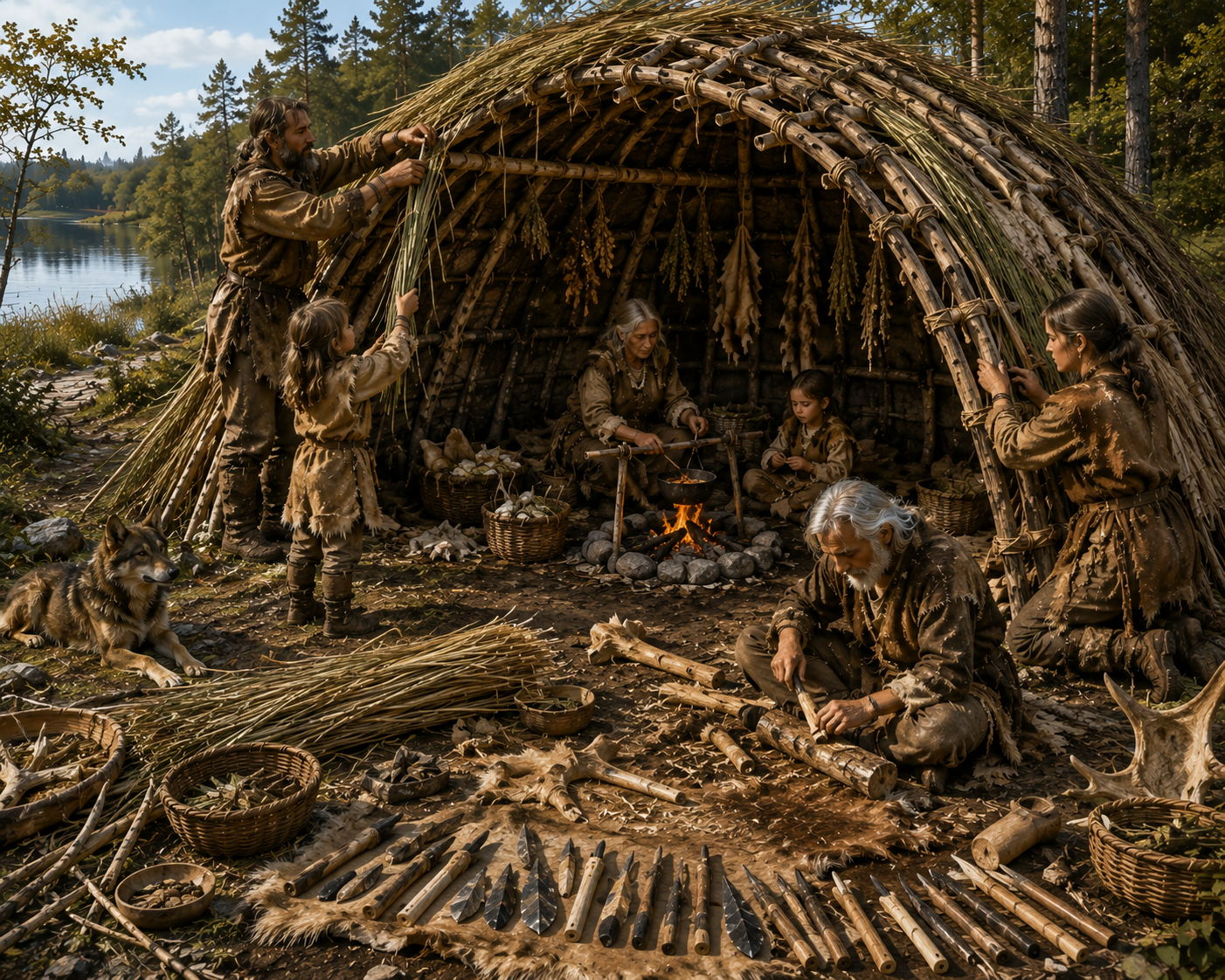 Eine Familie der Mittelsteinzeit arbeitet gemeinsam an einer kuppelförmigen Unterkunft aus Holz, Schilf und Tierhäuten. Ein Erwachsener befestigt das Dach, während ein Kind Schilfbündel anreicht. Eine Frau sichert die Konstruktion, die Großmutter bereitet am Feuer eine Mahlzeit zu, der Großvater bearbeitet Holz, und ein Hund beobachtet das Geschehen. Werkzeuge, Körbe und Baumaterialien liegen ordentlich bereit.
