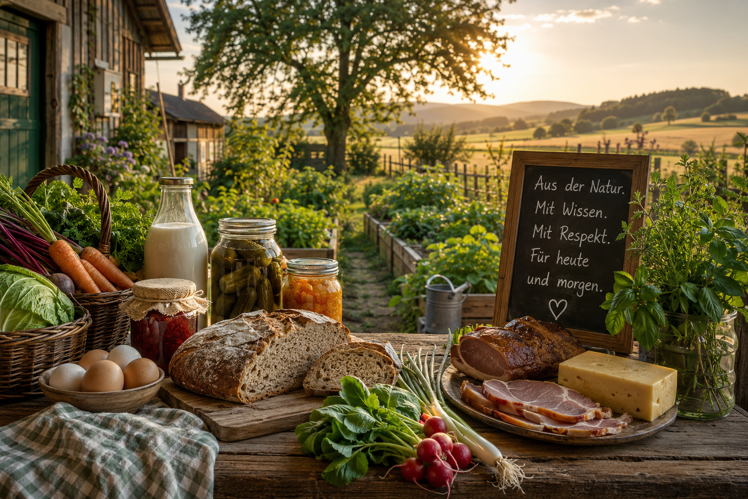 Ländlicher Tisch mit Brot, Gemüse, Eiern, Milch, Käse, Fleisch, Wurst und Vorratsgläsern vor einem Garten und einer Landschaft im Abendlicht.