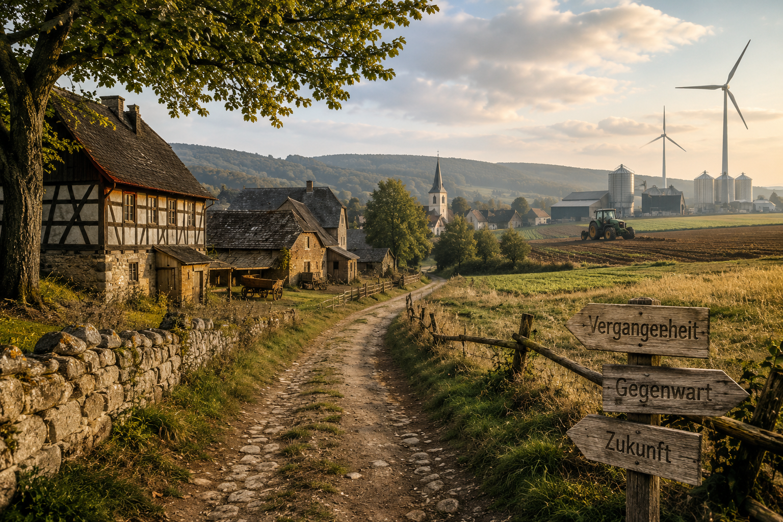 Ländliche Landschaft mit alten Hofgebäuden, Feldern, Traktor und Windrädern sowie einem Wegweiser mit den Begriffen Vergangenheit, Gegenwart und Zukunft.