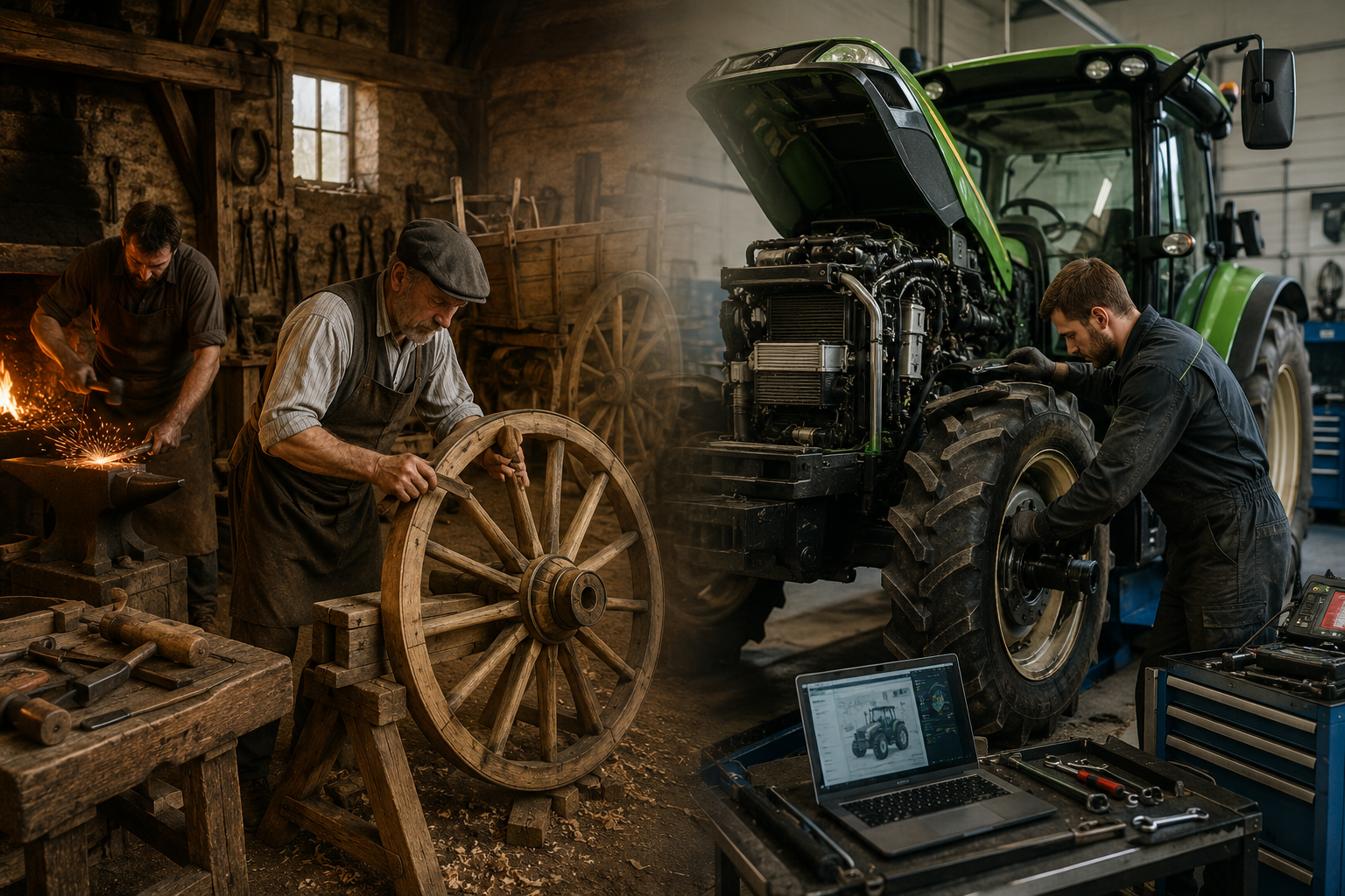 Symbolbild: Historische Stellmacher- und Schmiedearbeit an einem hölzernen Wagenrad geht in eine moderne Landmaschinenwerkstatt mit Traktor und Mechaniker über.