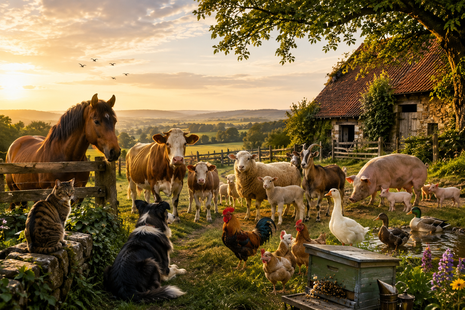 Ländlicher Hof mit Pferd, Rindern, Schafen, Ziegen, Schweinen, Hühnern, Gänsen, Enten, Hund, Katze und Bienen in einer weitläufigen Landschaft.