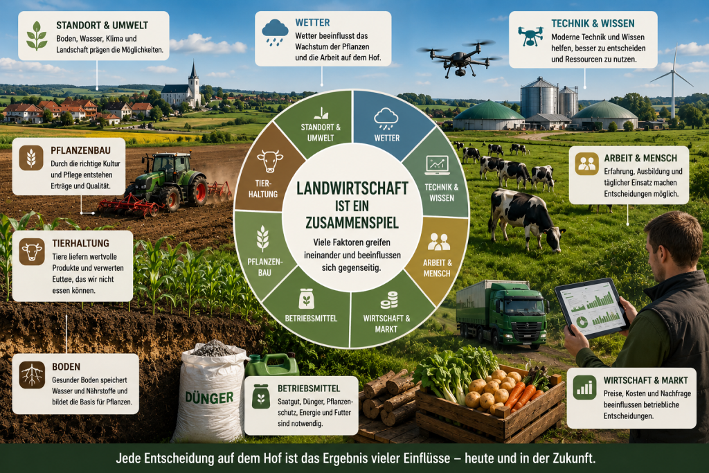 Infografik einer landwirtschaftlichen Landschaft mit Ackerbau, Rinderweide, Traktor, Bodenprofil, Betriebsmitteln, moderner Technik und Vermarktung. Ein zentraler Kreis zeigt das Zusammenspiel von Standort und Umwelt, Wetter, Technik und Wissen, Arbeit, Wirtschaft und Markt, Betriebsmitteln, Pflanzenbau und Tierhaltung.