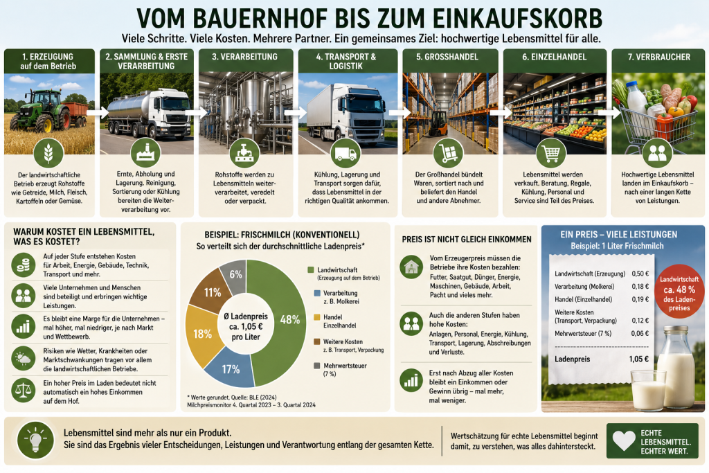 Infografik zum Weg von Lebensmitteln vom Bauernhof bis zum Einkaufskorb. Sie zeigt landwirtschaftliche Erzeugung, Sammlung und erste Verarbeitung, weitere Verarbeitung, Transport und Logistik, Großhandel, Einzelhandel und Verbraucher sowie am Beispiel von Frischmilch die Verteilung des Ladenpreises und den Unterschied zwischen Preis, Kosten und Einkommen.
