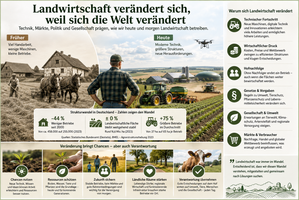 Infografik zum Wandel der Landwirtschaft in Deutschland. Links historische Landwirtschaft mit Handarbeit und Pferden, rechts ein moderner Betrieb mit Maschinen und digitaler Technik. Ergänzend werden Strukturwandel sowie Einflüsse durch technischen Fortschritt, Wirtschaft, Hofnachfolge, gesetzliche Vorgaben, Gesellschaft, Umwelt und Märkte dargestellt.