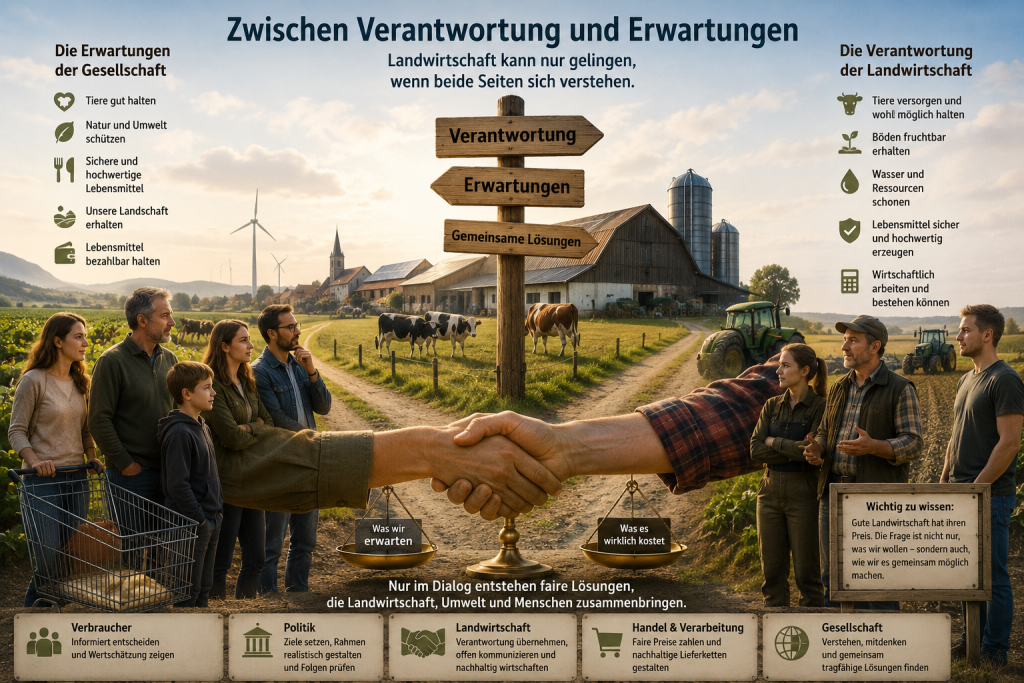 Infografik über Verantwortung und Erwartungen in der Landwirtschaft. Verbraucher und Landwirte stehen sich in einer Agrarlandschaft gegenüber und reichen sich die Hand. Eine Waage stellt gesellschaftliche Erwartungen den tatsächlichen Kosten gegenüber; weitere Bereiche zeigen die Verantwortung von Landwirtschaft, Verbrauchern, Politik, Handel und Gesellschaft.