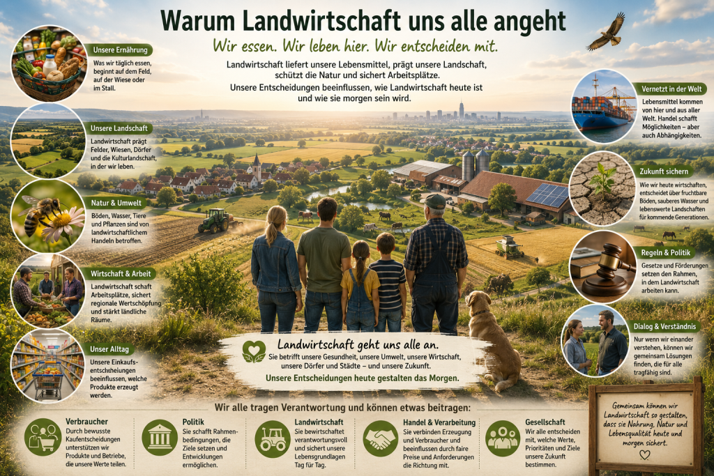 Infografik über die Bedeutung der Landwirtschaft für die Gesellschaft. Eine Familie und ein Landwirt blicken über eine Agrarlandschaft mit Feldern, Tieren, Dorf und landwirtschaftlichen Betrieben. Rundherum zeigen Bildfelder die Zusammenhänge mit Ernährung, Landschaft, Natur, Wirtschaft, Alltag, Welthandel, Zukunft und Politik.