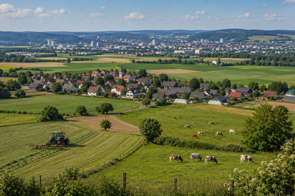Weite mitteleuropäische Kulturlandschaft mit Ackerflächen, grünen Wiesen, grasenden Rindern und einem arbeitenden Traktor; dahinter liegen ein Dorf und eine größere Stadt.